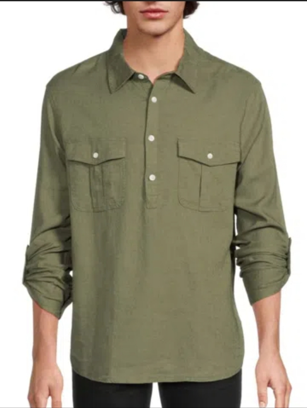 NWT Saks Fifth Avenue 3 Button  Pullover Shirt Men's  Roll Tab Sleeve Size M